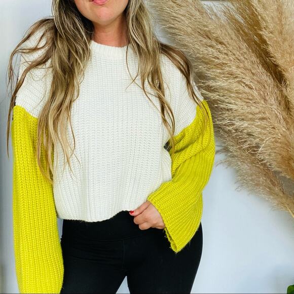 DOLLS KILL BLUE BLUSH White Brown Yellow Colorblock Chunky Knit Cozy Sweater S - Picture 2 of 11